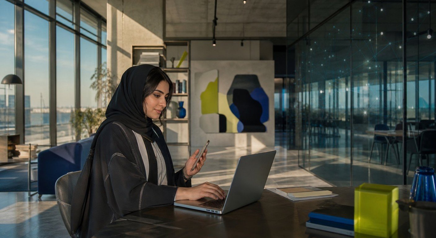 A calm studio workspace with printed page layouts arranged along a table beside a laptop