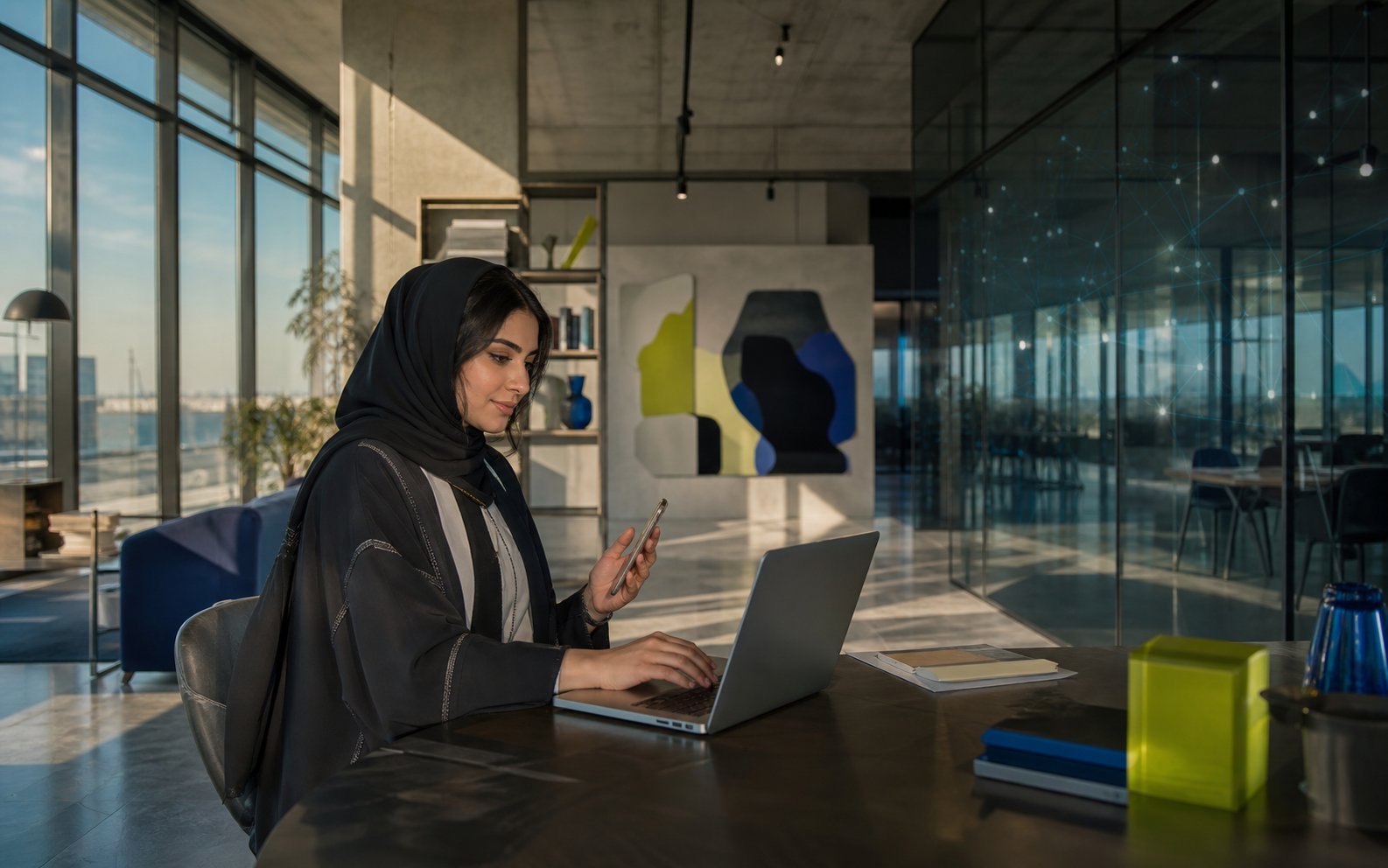 Saudi entrepreneur building her business in a modern studio
