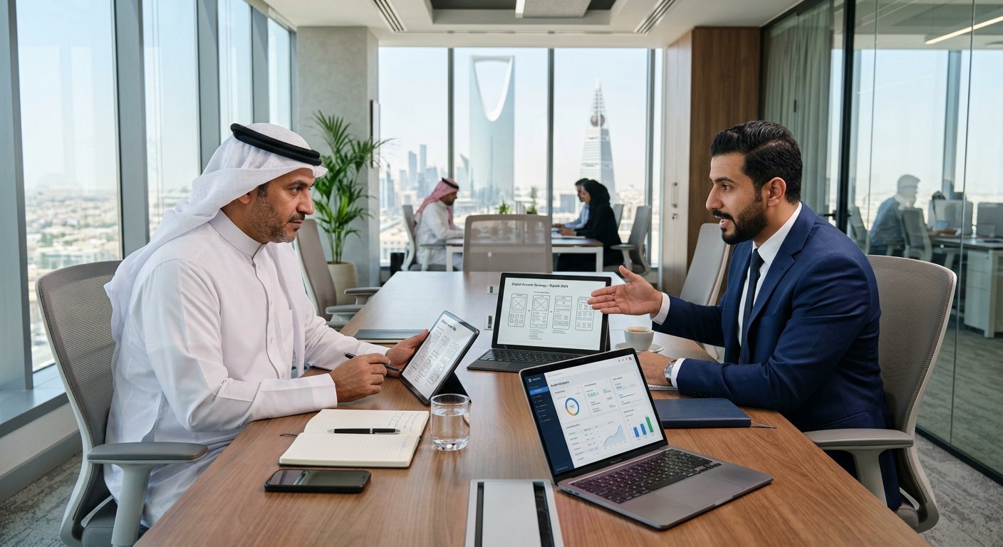 Professional Saudi business consultation meeting in a contemporary corporate office