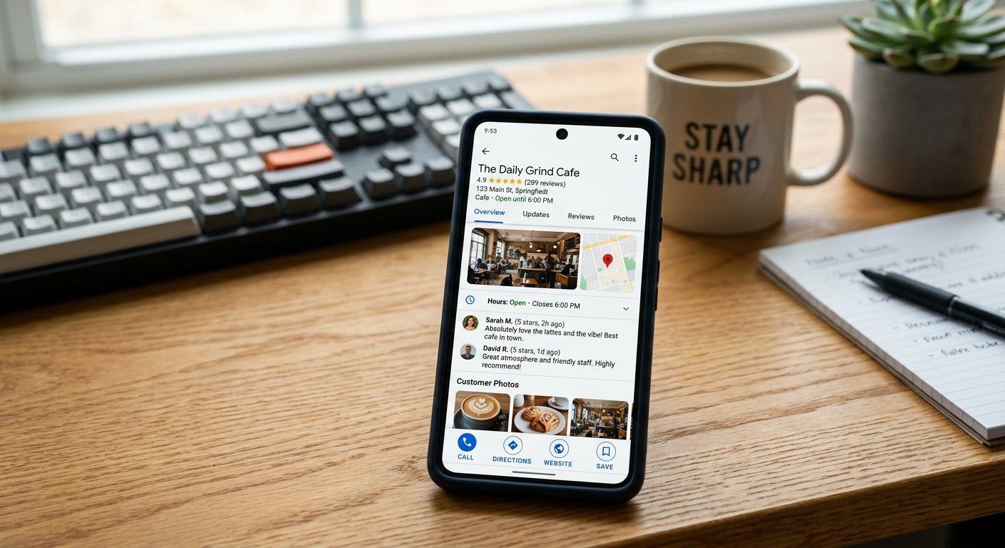 Smartphone on office desk displaying a verified Google Business Profile map listing with 5-star ratings