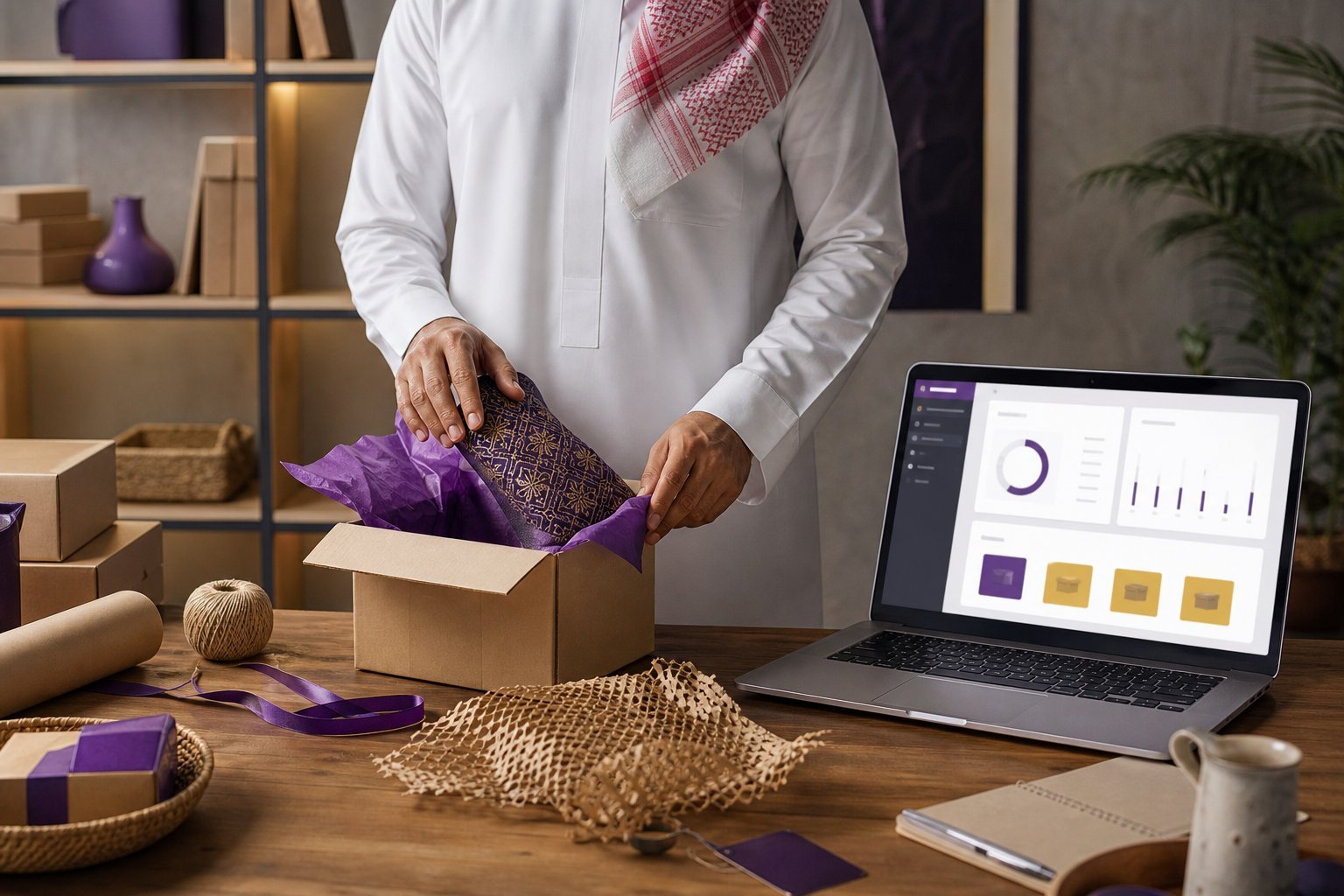 Saudi seller preparing marketplace products and orders beside a laptop.