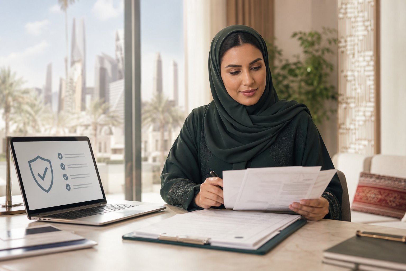 Saudi entrepreneur reviewing business verification documents and a secure checklist.
