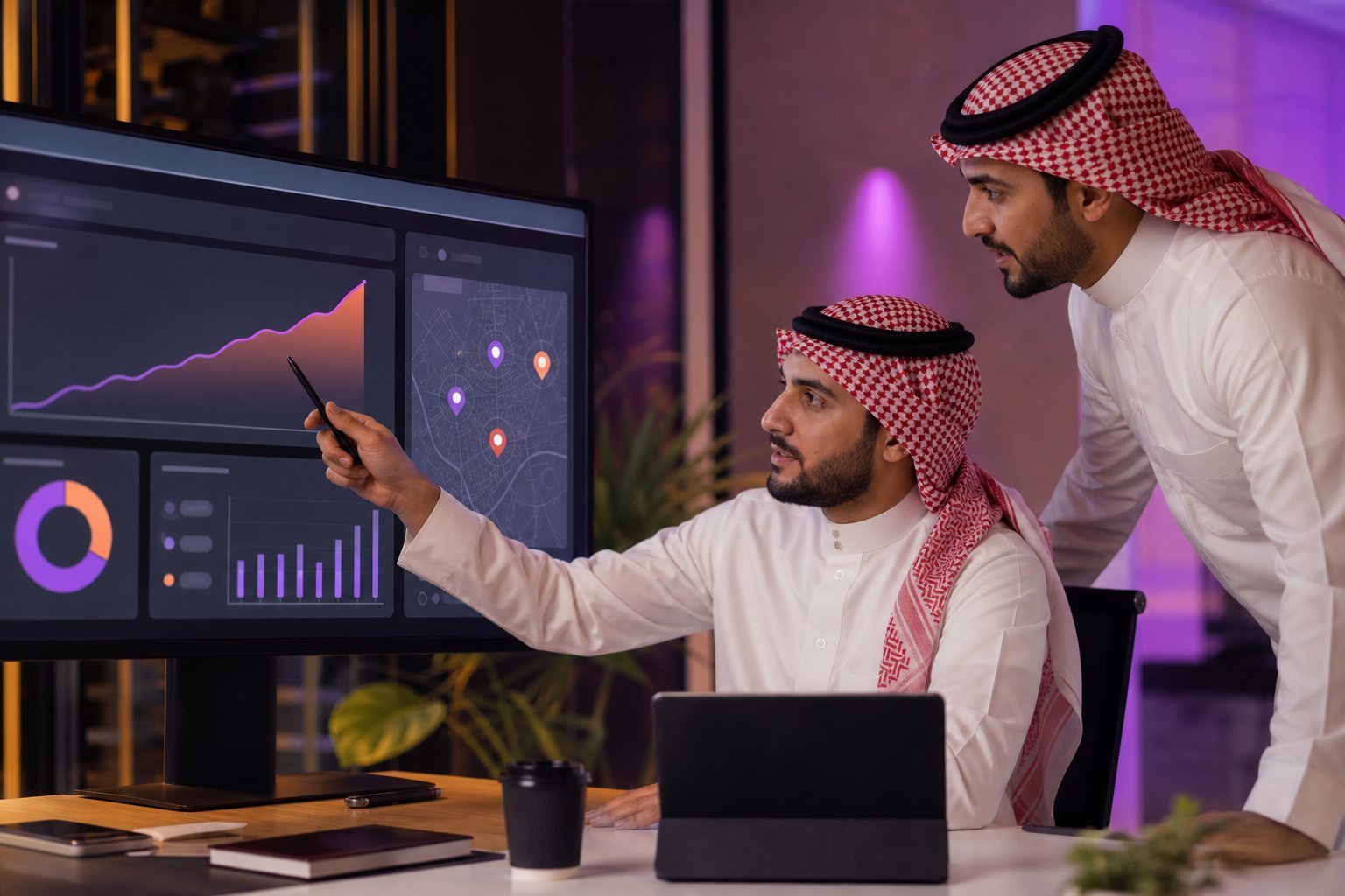 Saudi business owners reviewing organic search analytics and local map visibility.