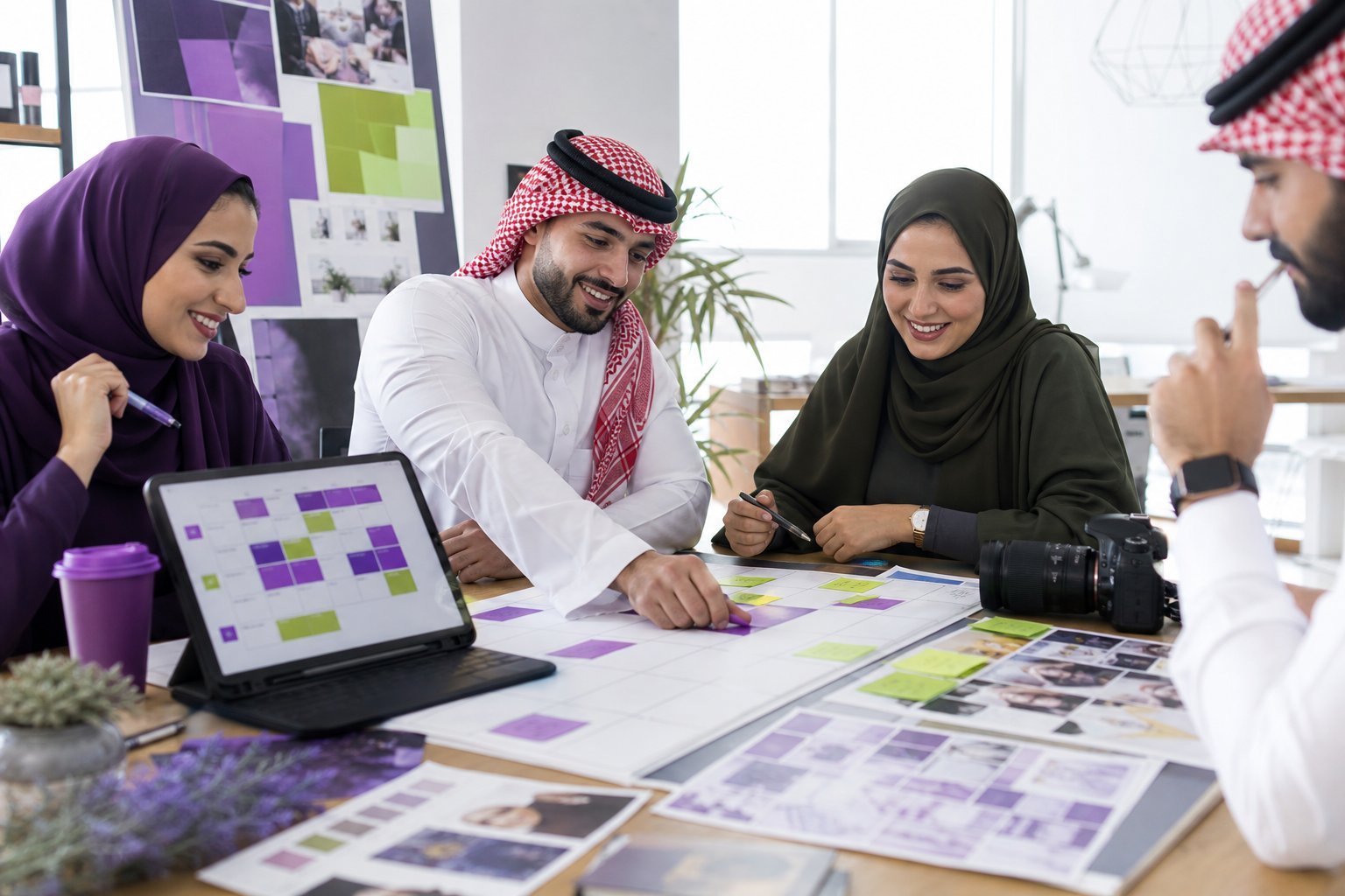 Saudi content team planning an organic monthly social media calendar.