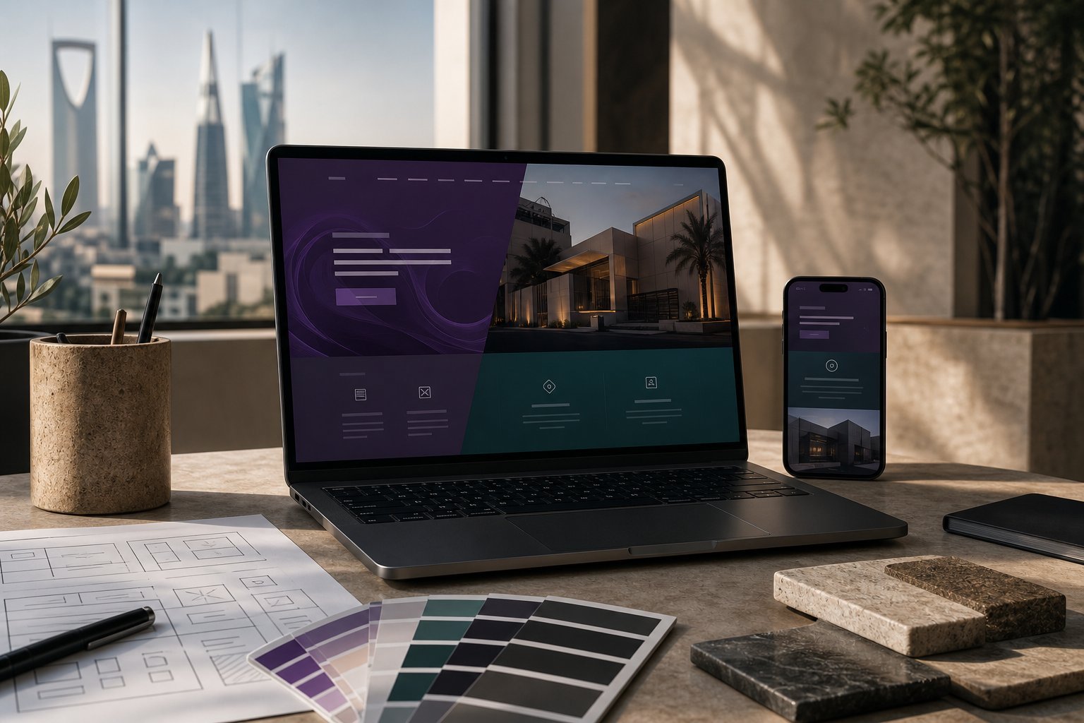 A responsive bilingual website displayed on a laptop and phone in a Saudi design studio.