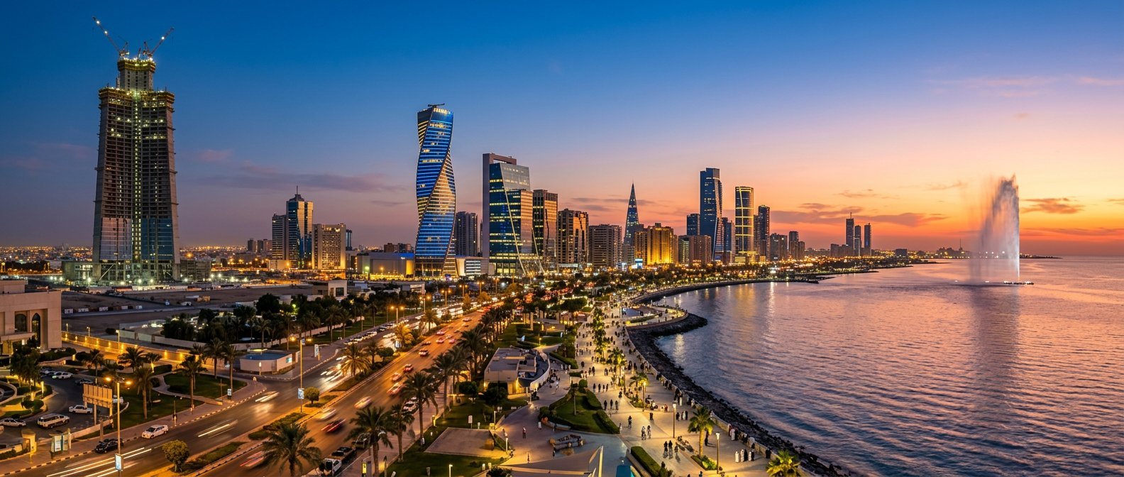 Jeddah waterfront Corniche and coastal commercial skyline at twilight
