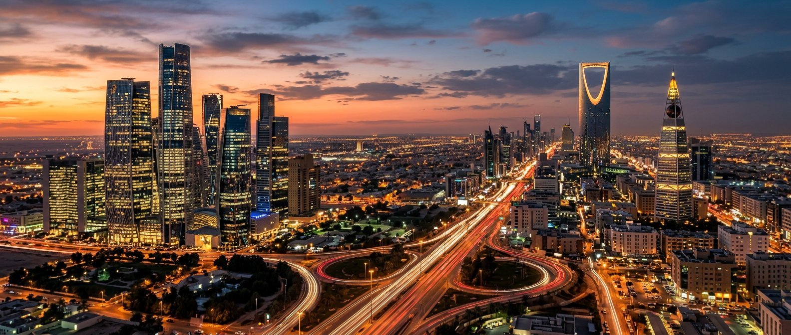 Modern Riyadh skyline and King Abdullah Financial District skyscrapers at sunset