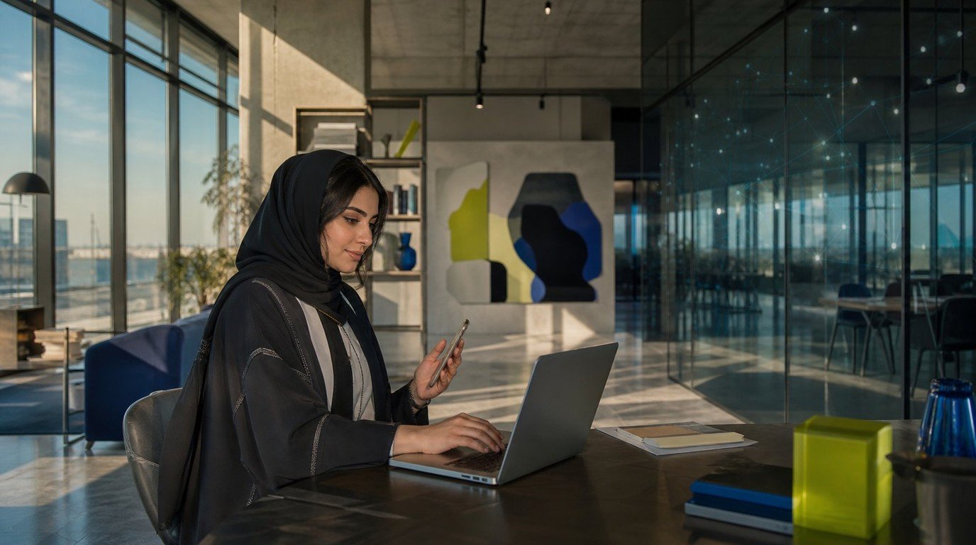 Saudi business executive in contemporary office reviewing digital project questions