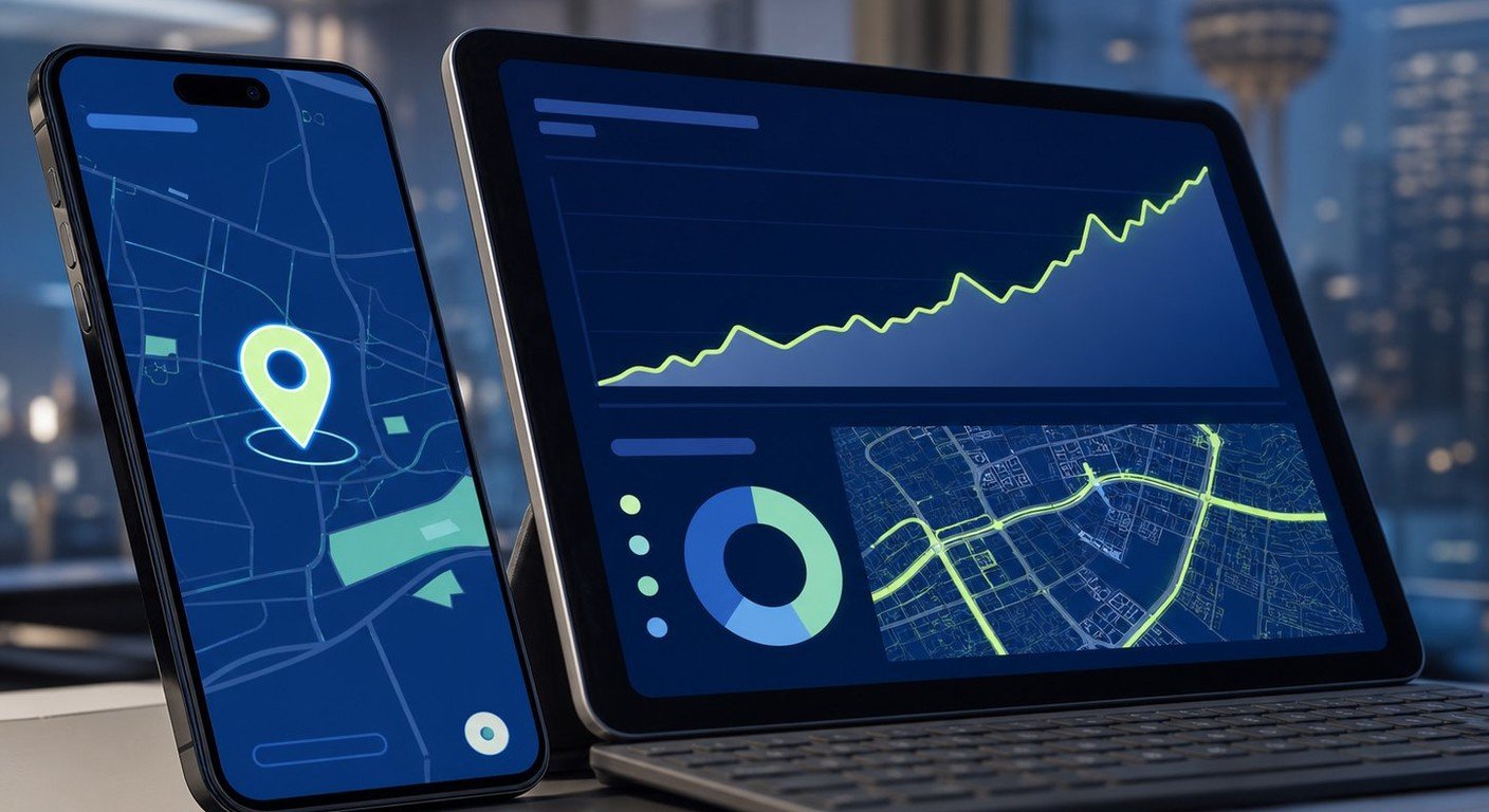 A widescreen monitor displaying an analytics dashboard with graphs, beside a notebook of hand-drawn notes