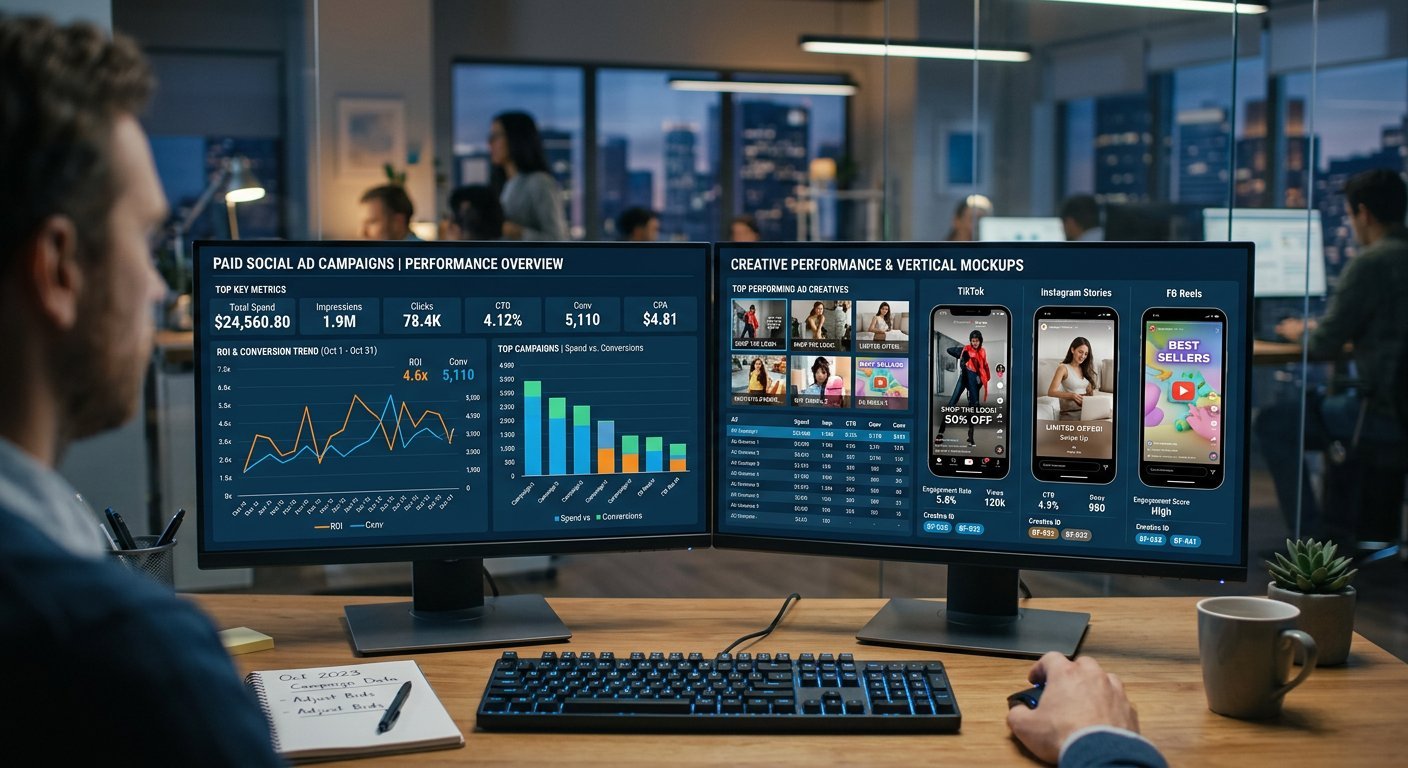 Paid social media advertising analytics dashboard displaying high ROI campaign conversions