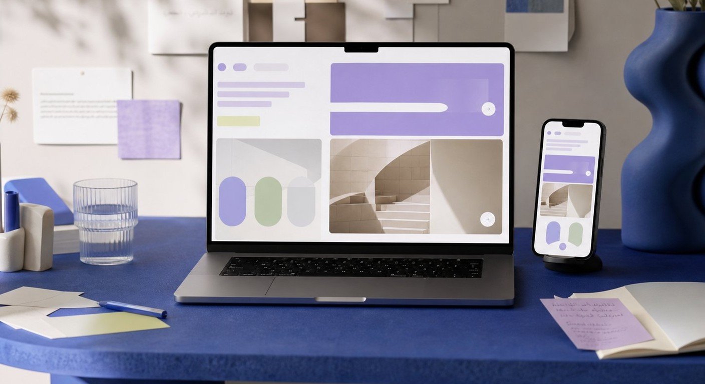 A laptop showing a code editor beside a notebook of hand-drawn wireframe sketches